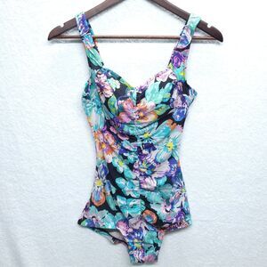 Vintage Maxine of Hollywood One Piece Swimsuit Size 10 XS Black Floral Retro